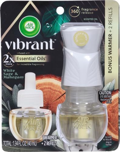 Air Wick Plug in Scented Oil Starter Kit (Gadget + 2 Refills), White Sage & Mahogany, Air Freshener, Essential Oils (Pack of 2)