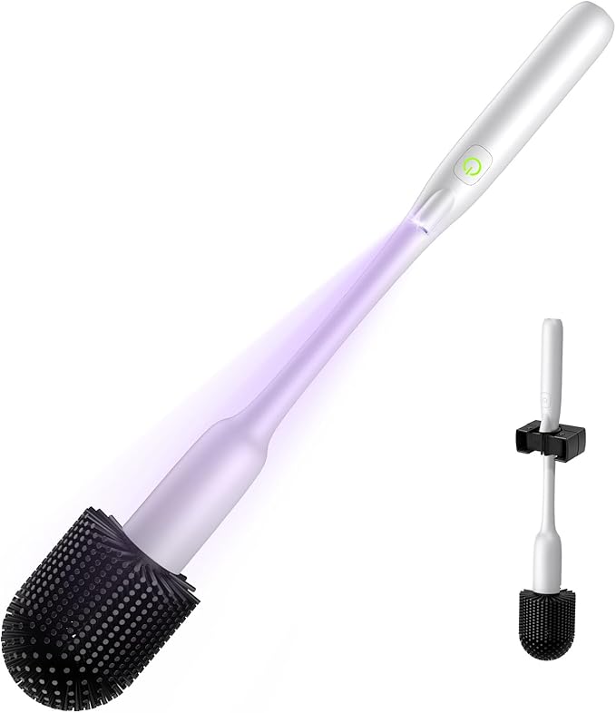EKZ Electric Toilet Brush with UV Stain Detection, High-Torque Power, Dual-Speed (80/200 RPM), Splash-Resistant Silicone Scrubber Head, Hygienic Wall-Mount Holder, Type-C Rechargeable, White