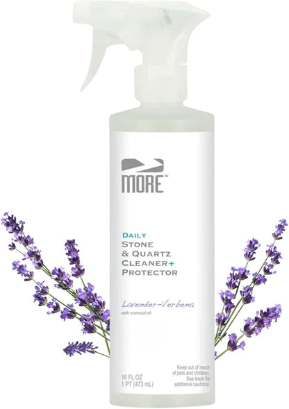MORE Stone & Quartz Cleaner + Protector - Granite, Quartz & Marble Cleaner - For Kitchen & Bathroom Countertops - Water-Based Surface Spray - Lavender-Verbena Essential Oil - Pint (16oz)