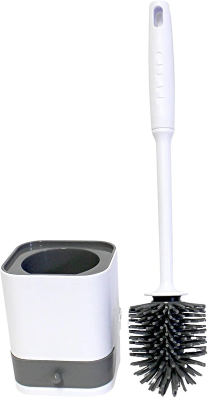 Silicone Toilet Brush with Holder – Wall-Mounted or Freestanding, No-Drill Adhesive Mount, Fast-Drying Ventilated Design with Drip Tray – Long Handle for Deep Cleaning, Compact for Small Bathrooms