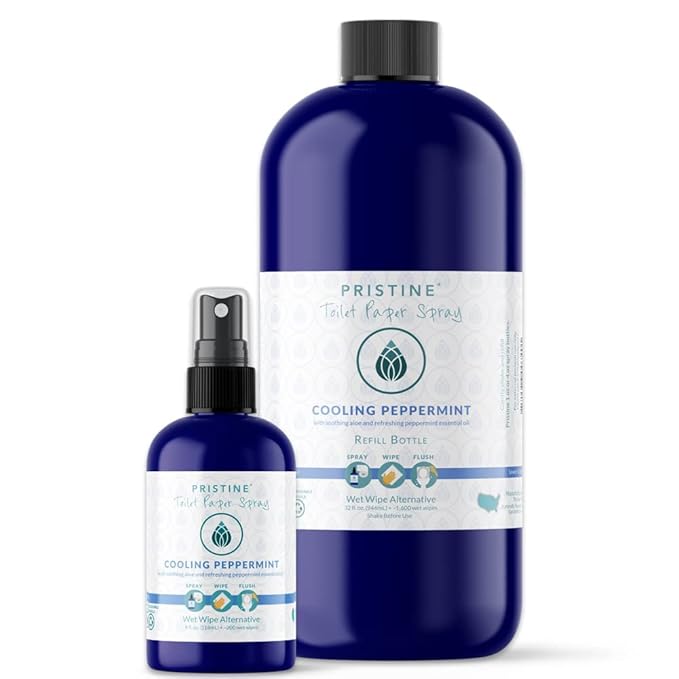 PRISTINE Toilet Paper Spray, As Seen on Shark Tank, Flushable Wipe Alternative, Personal Cleansing Bathroom Spray for Regular Toilet Tissue, Bidet Alternative, Made in USA, Cooling Peppermint, 4oz