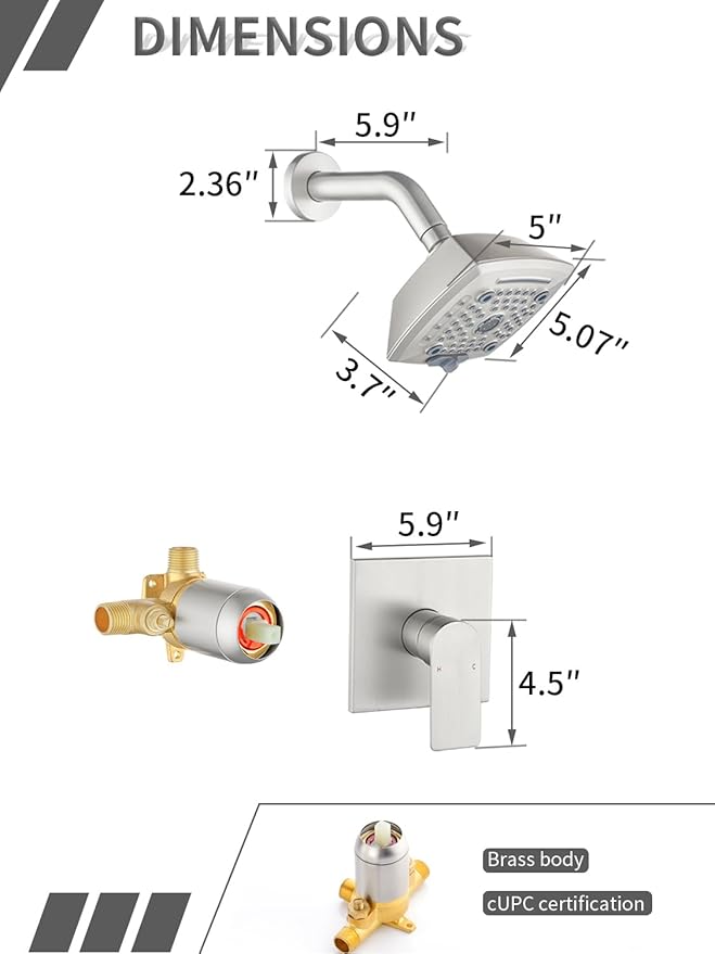 Brushed Nickel Shower Faucet Set 6 Setting Shower Head 5 Inch Shower Trim Kit Modern shower valve kit High Pressure Shower Fixtures Shower System