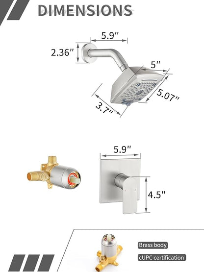 Brushed Nickel Shower Faucet Set 6 Setting Shower Head 5 Inch Shower Trim Kit Modern shower valve kit High Pressure Shower Fixtures Shower System
