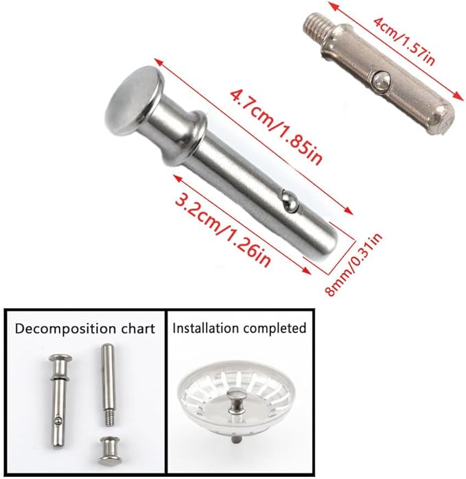4 Set Kitchen Sink Strainer Central Pin Replacement M8 5/16'' Drain Basket Center Round Post Cover Handle Pull Rod Plug with Ball Lock Repair Parts Univers for for Standard Drains