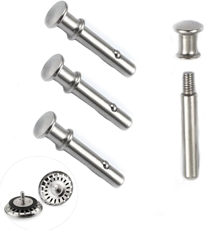 4 Set Kitchen Sink Strainer Central Pin Replacement M8 5/16'' Drain Basket Center Round Post Cover Handle Pull Rod Plug with Ball Lock Repair Parts Univers for for Standard Drains