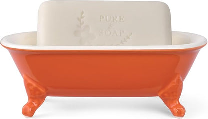 6.5" Ceramic Mini Decorative Clawfoot Bathtub Bar Soap Dish, Kitchen Sponge Holder and Shower Tray for Bathroom, 1 Pack(Dark Orange)