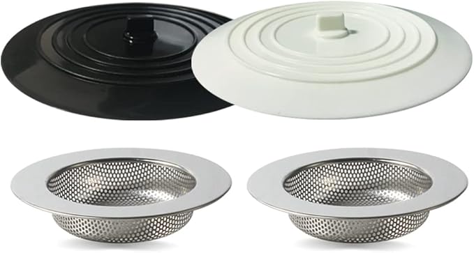 Seatery 4PCS Kitchen Sink Stopper Strainer, 6 Inch Round Large Silicone Sink Drain Cover Plug, Water Stopper, 4.5 Inch Stainless Steel Sink Strainer, Food Scraps Catcher for Kitchen