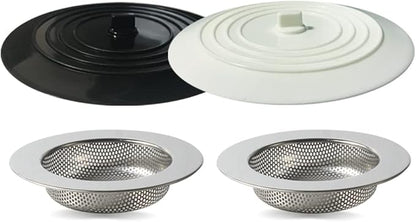 Seatery 4PCS Kitchen Sink Stopper Strainer, 6 Inch Round Large Silicone Sink Drain Cover Plug, Water Stopper, 4.5 Inch Stainless Steel Sink Strainer, Food Scraps Catcher for Kitchen