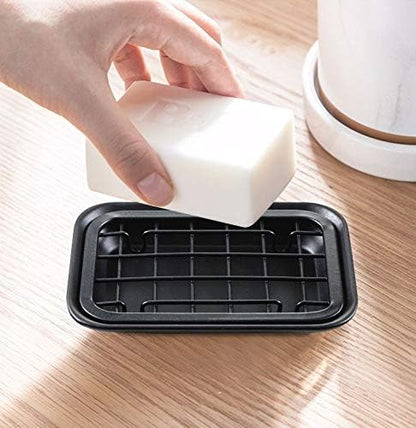Kitchen and Bathroom Soap Dish Tray - Metal 2-Piece Soap Dish Tray with Drainage Grid and Holder for Kitchen Sink Countertops to Store Soap, Sponges, Scrubbers - Rust Resistant - 2 Pack (Black)