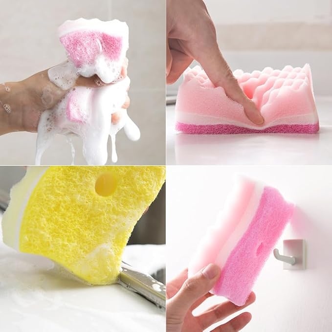 Non-Scratch Cellulose Scrub Sponge,Multipurpose Cleaning Scrubber, Dual-Sided Dishwashing Sponge for Kitchen (Yellow & Pink, S Type 4pcs)