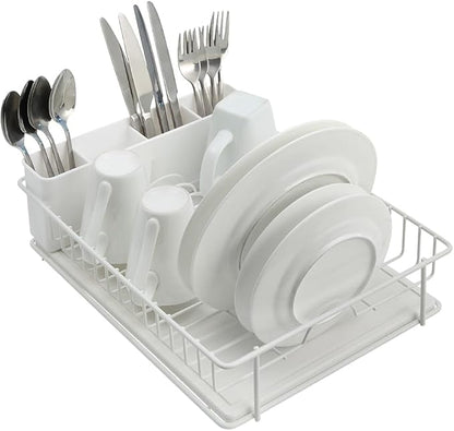 SunnyPoint 304 Stainless Steel Dish Drying Rack with Diatomaceous Earth Drainboard & Removable Utensil Caddy – Rust Resistant Countertop Dish Rack for Kitchen (White)
