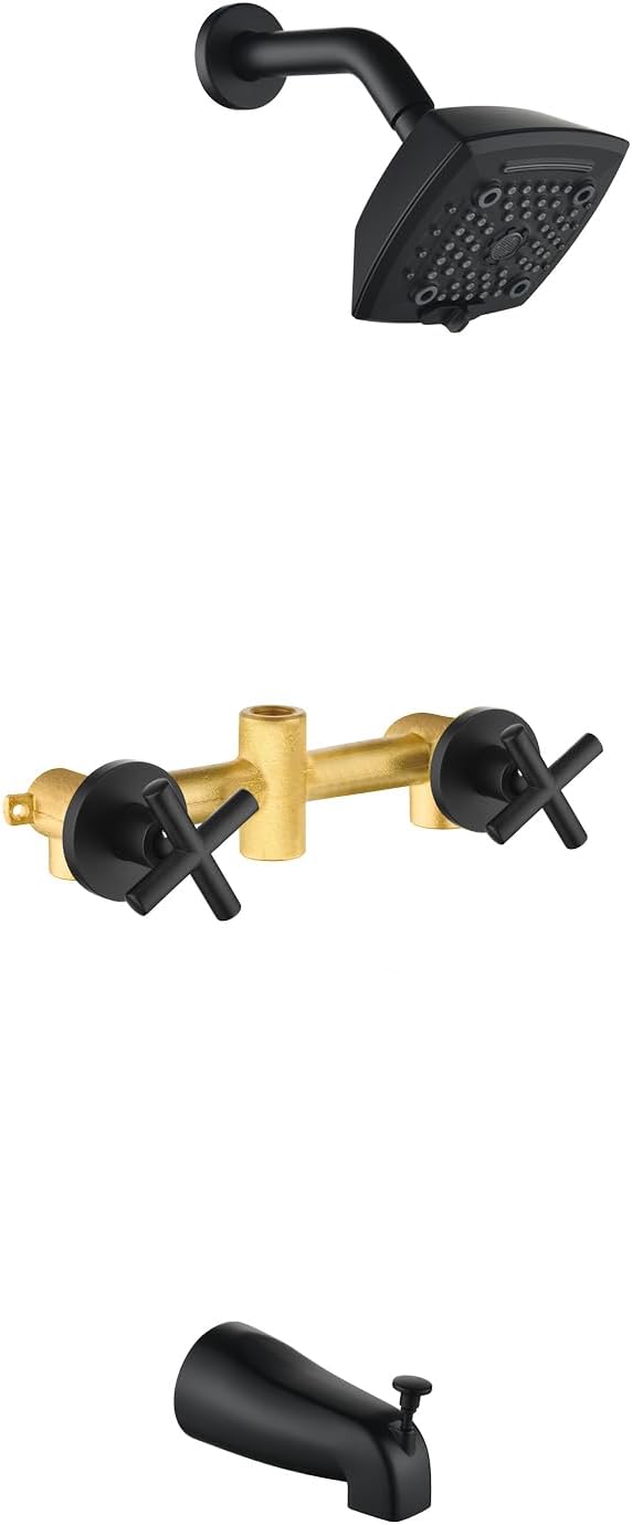 2 Handle Shower Faucet Set with Tub Spout 6-Spray Shower Head and Handle Set Shower Trim Kit with Rough-in Valve Bathroom Shower Faucet Valve Trim Kit Matte Black