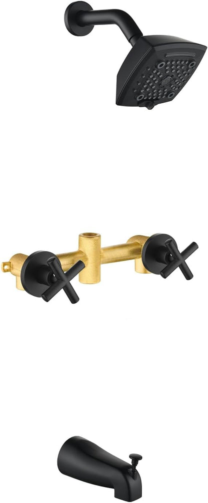 2 Handle Shower Faucet Set with Tub Spout 6-Spray Shower Head and Handle Set Shower Trim Kit with Rough-in Valve Bathroom Shower Faucet Valve Trim Kit Matte Black