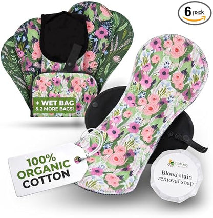 Organic Cotton, High Absorbency Reusable Period Pads for Heavy Flow (6 Pack L+XL) - Leak Proof & Odor Free Cloth Pads for Women - High-Temp Washable, Breathable & Skin-Safe for Menstrual Comfort
