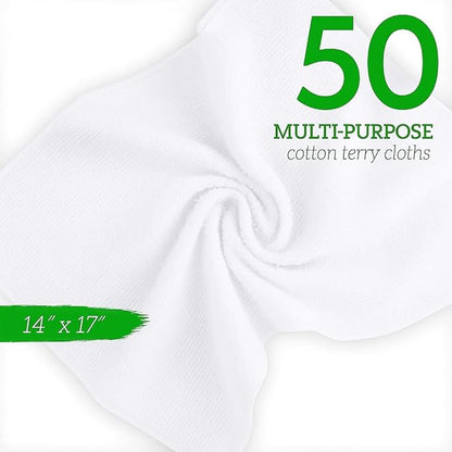 GREEN LIFESTYLE 50-Pack Cotton Wash Cloths – 14"x17" Absorbent Cleaning Rags for Housekeeping, Kitchen Towels, Bar Mop Towels, Durable Terry Cloth Rags, Premium Quality Multipurpose Washcloths