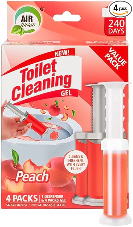 Toilet Cleaning Gel Peach Scent. Pack of 4 (6.43oz) with 56 Gel Stamps for Continuous Toilet Cleaning, Deodorizing & Fruity Freshness.
