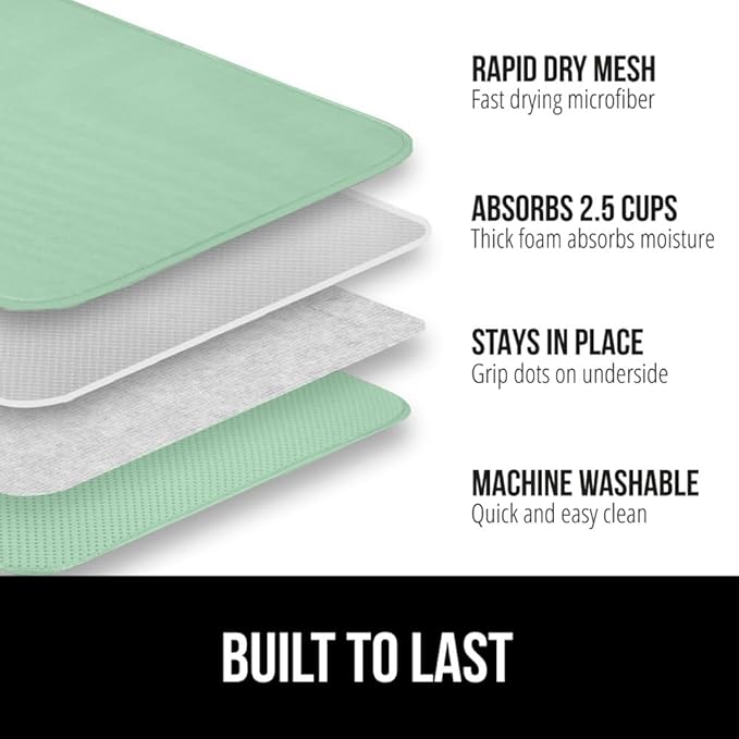 GORILLA GRIP Ultra Water Absorbent Microfiber Dish Drying Mat, 18x24, Quick Dry Thick Mesh, Slip Resistant Pad for Sink Dishes or Under Rack, Kitchen Counter Accessories, Machine Wash Mats, Mint