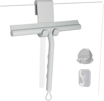 Squeegee for Shower Glass Doors, Resilient Loop - No-Drill & Adhesive Hook, Silicone Shower Squeegee with Stainless Steel Core, Cleaning Tool for Home, Kitchen, Bathroom & Car - Grey