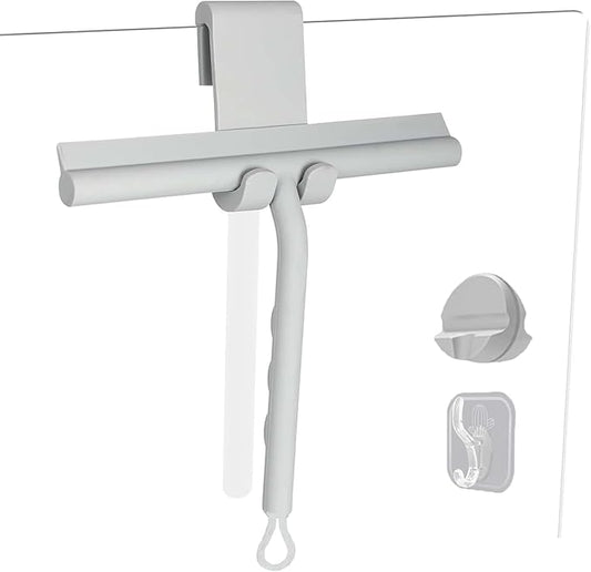 Squeegee for Shower Glass Doors, Resilient Loop - No-Drill & Adhesive Hook, Silicone Shower Squeegee with Stainless Steel Core, Cleaning Tool for Home, Kitchen, Bathroom & Car - Grey