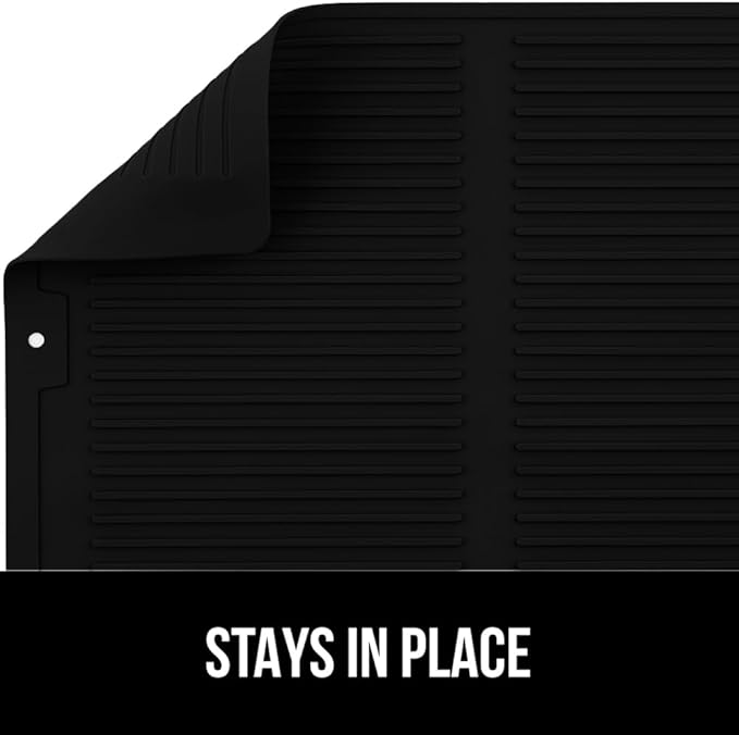 GORILLA GRIP 100% BPA-Free Patented Silicone Dish Drying Mat for Kitchen Counter, Water Catching Ribbed Design, Easy Clean Waterproof Sink Liner, Heat Resistant, Fits Under Rack, 12x16 Inch, Black