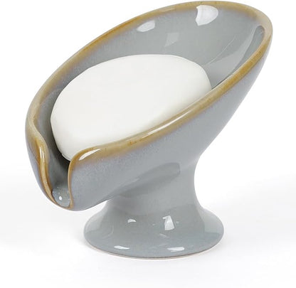 Soap Dish, Self Draining Bar Soap Holder for Bathroom Sink, Leaf Shaped Drainage Ceramic Porcelain Decorative Soap Dish, No Suction Cup, Kiln Stone Gray, ANTIS'S HOME