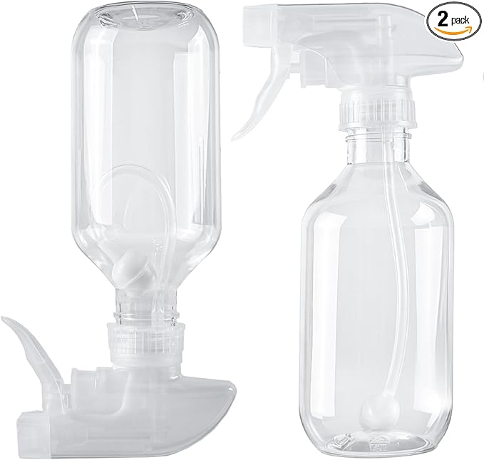 2 Pack 360° Spray Bottles, 10 oz Plastic Small Containers with Adjustable Spray Nozzles, Spray Bottles for Hair, Cleaning Solutions, BBQ and Plants Clear