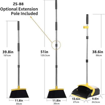2-Pack is More economical,Brooms with Dustpan Combo Set， with 52" Long Handle, Dustpan Teeth with self-Cleaning Function, Indoor and Outdoor Sweeping, Perfect for Home Office (Large/Yellow/ 2-Pack)