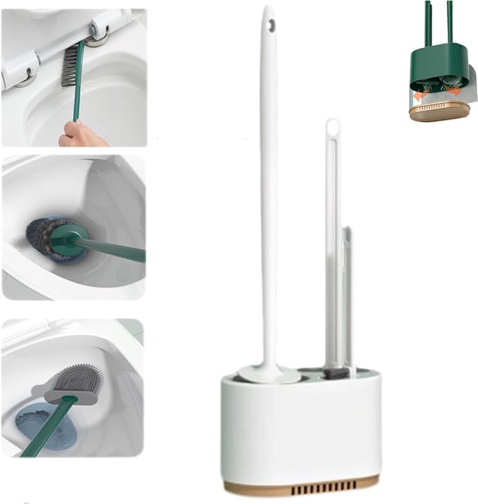 Toilet Brush and Plunger Set, 3-in-1 Design, Silicone Bristles, Wall Bracket, Dark Green, Plastic Handle, Silicone and Polypropylene Material, Toilet Brush, Holder and Wall Bracket Included