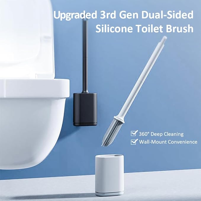Dual-Sided RV Silicone Toilet Brush with TPR Bristles & Detachable ABS Handle Set, Wall Mountable Toilet Bowl Brush,Flexible Cleaners Brushes for 360°Deep Cleaning Bathroom/Camper (Black)