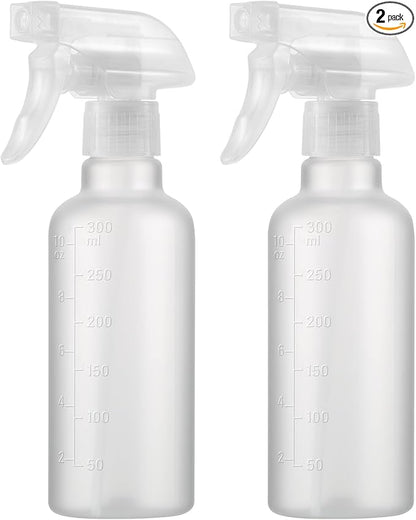 Leakproof Spray Bottles (2 Pack 10 oz), Adjustable Fine Mist & Jet Stream Nozzle, Premium BPA-Free Frosted Plastic Multi-Purpose for Hair, Plants, Cleaning (2 PACK CLEAR)