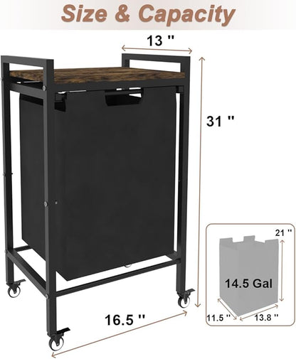 14.5 Gal Large Laundry Hamper with Wheels, Pull-Out & Removable Sorter Bags, Freestanding Clothes Basket Organizer for Clothing or Toys in Bathroom and Living Room, Rustic Brown and Black