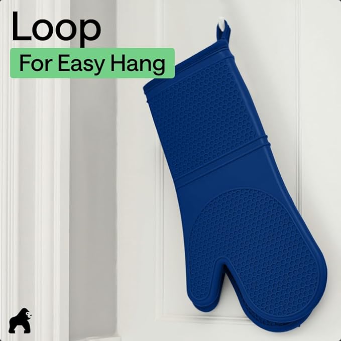 GORILLA GRIP BPA-Free Soft Silicone Oven Mitts, Heat Resistant and Waterproof Cooking Gloves, Thick Cotton Lining, Flexible Gripping for Baking Grilling, Kitchen Potholders Set of 2, 12.5x8.3, Blue