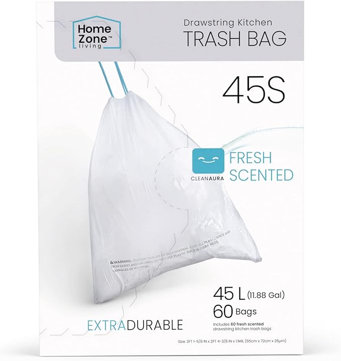 Home Zone Living 12 Gallon Kitchen Trash Bags with Drawstring Handles, Heavy Duty Custom Fit Design for Standard 45 to 50 Liter Kitchen Trash Cans, Code 45S, 60-Count