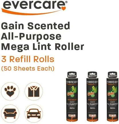 Evercare 10” Mega All-Purpose Pet Hair Lint Roller Refills, 3 Pack, 50 Sheets Each, Gain Scented – Sticky Roller for Pet Hair, Cat & Dog Hair Remover, Lint Remover for Furniture, Clothing & Cars