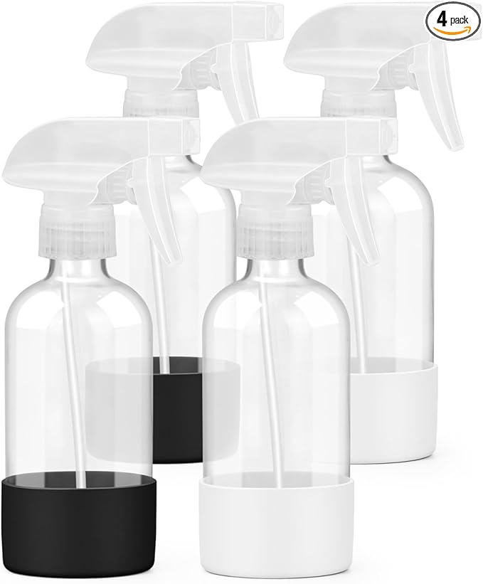 Worldgsb 4 Pack Glass Spray Bottles 8 oz, Empty Refillable Containers with Silicone Sleeve Protection, Glass Spray Bottles for Cleaning Solutions, Hair and Plants with Adjustable Nozzles Black&White