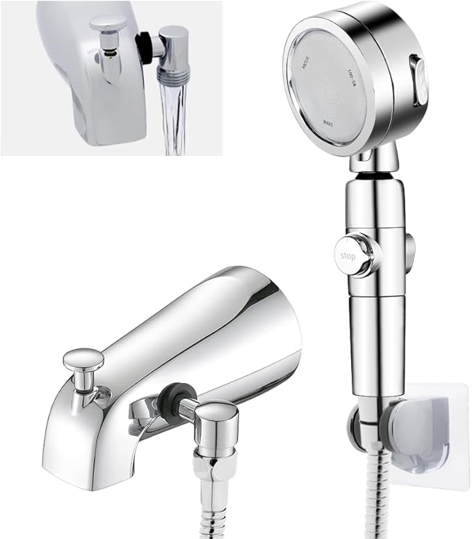 Chrome Tub Spout with Diverter slip fit 1/2 inch Copper Tube, High Pressure filtered Handheld Shower with 3 Spray Modes On/Off Switch, 59 inch hose, Bracket, No Drill Required Install
