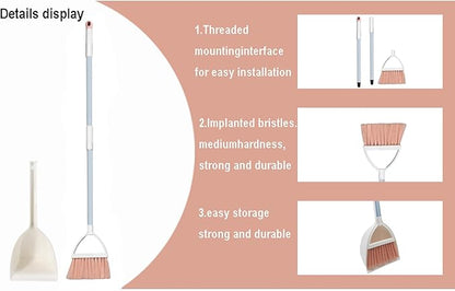 Mini Broom with Dustpan for Kids,Little Housekeeping Helper Set (White+Pink)