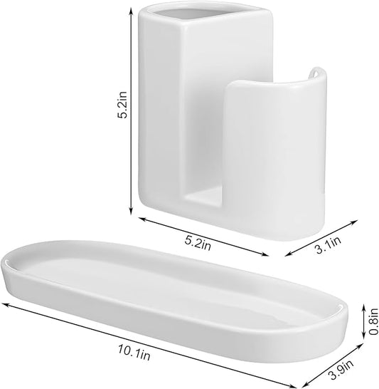 Geelin 3 in 1 Ceramic Kitchen Sink Caddy Dish Sponge Holder Scrub Brush Holder and Soap Tray for Kitchen Organizer White Rustic Farmhouse Supplies(White)