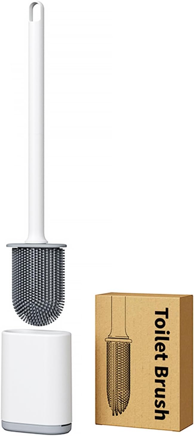 Dual-Sided RV Silicone Toilet Brush with TPR Bristles & Detachable ABS Handle Set, Wall Mountable Toilet Bowl Brush,Flexible Cleaners Brushes for 360°Deep Cleaning Bathroom/Camper (White)