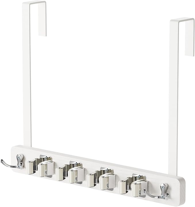 Mop and Broom Holder Wall Mount, No Drill Over the Door Broom and Mop Holder with 4 Slots and 4 Hooks, Wood Tool Hanger for Laundry, Cabinet, Kitchen, Garage