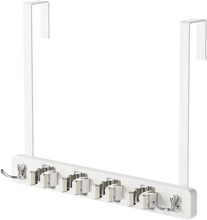 Mop and Broom Holder Wall Mount, No Drill Over the Door Broom and Mop Holder with 4 Slots and 4 Hooks, Wood Tool Hanger for Laundry, Cabinet, Kitchen, Garage