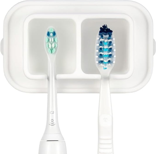 Silicone Suction Toothbrush Holder, 2-Slot Wall-Mounted Bathroom Organizer for Electric, Manual and Kids Toothbrushes, Space-Saving Travel Storage – Warm White