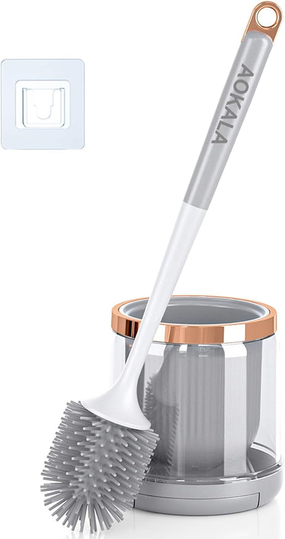 Silicone Toilet Brush and Holder Set, Toilet Bowl Brush with Tweezers Long Handle, Toilet Cleaner Brush for Bathroom Deep Cleaning, Elegant Toilet Scrubber Bathroom Accessories (Light Gray)