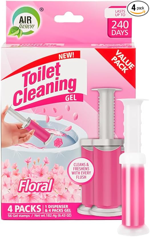 Toilet Cleaning Gel Floral Scent. Pack of 4 (6.43oz) with 56 Gel Stamps for Continuous Toilet Cleaning, Deodorizing & Fruity Freshness