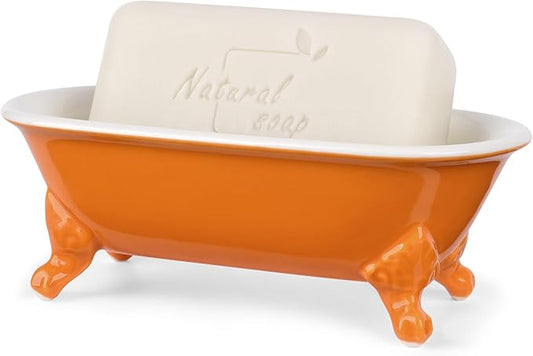 6.5" Ceramic Mini Decorative Clawfoot Bathtub Bar Soap Dish, Kitchen Sponge Holder and Shower Tray for Bathroom, 1 Pack(Tangerine)
