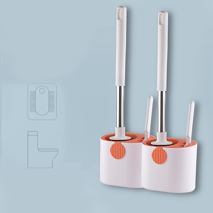 Silicone Toilet Brush and Holder Set, Deep Cleaning Floor Standing & Wall Mounted Toilet Bowl Brush for Bathroom, Toilet Brush Flexible Bristles, Compact Size for Storage and Organization (Orange)
