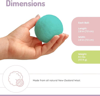 melii Reusable New Zealand Wool Dryer Balls 3-Pack - Reduces Drying Time, Static & Wrinkles - Mint, Lime, Blue