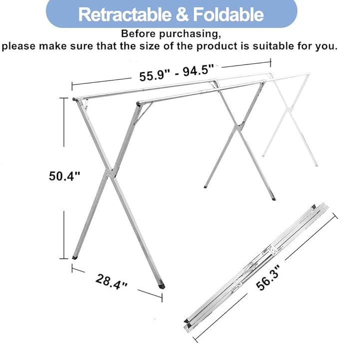 94.5in Premium Stainless Steel Clothes Drying Racks, Foldable and Adjustable Laundry Drying Rack Clothing for Indoor Outdoor (94.5" D x 28.4" W x 50.4" H)