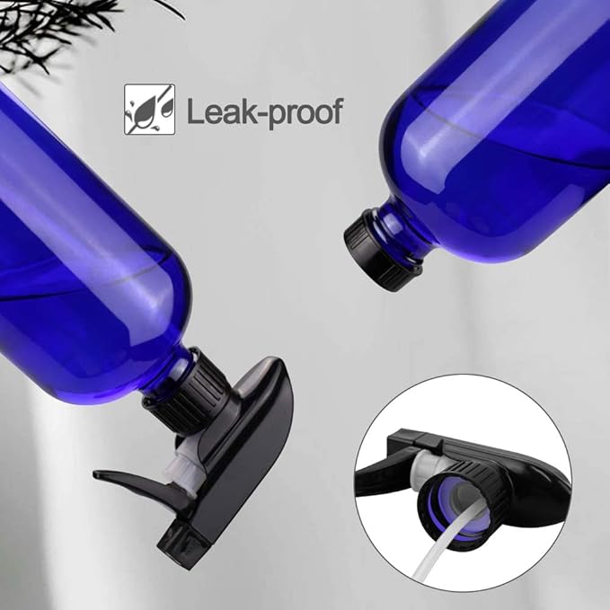 Worldgsb Glass Spray Bottles, 16oz Refillable Containers, Empty Boston Round Bottles with Labels & Adjustable Nozzle for Cleaning, Gardening, Aromatherapy, Pets, Plant, Hair -Blue (2 Pack)