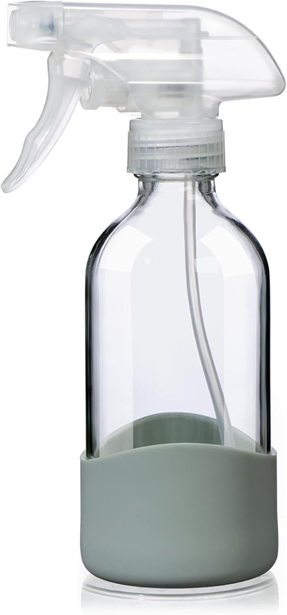 8oz Clear Glass Spray Bottles with Silicone Sleeve–Refillable Spray Bottles for Cleaning Solutions,Hair,Plants&Essential Oils–Leakproof,Adjustable Nozzle,Reusable,Eco-Friendly (1 Pack)